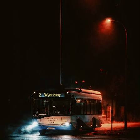 City shuttle travelling through an atmospheric urban scene