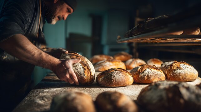 Artisan bread arranged in a rustic bakery