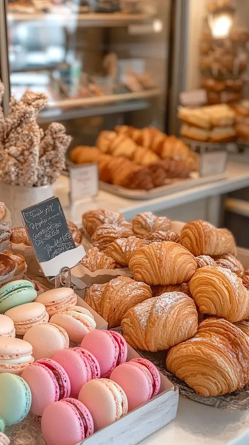 Fresh croissants on a bakery counter